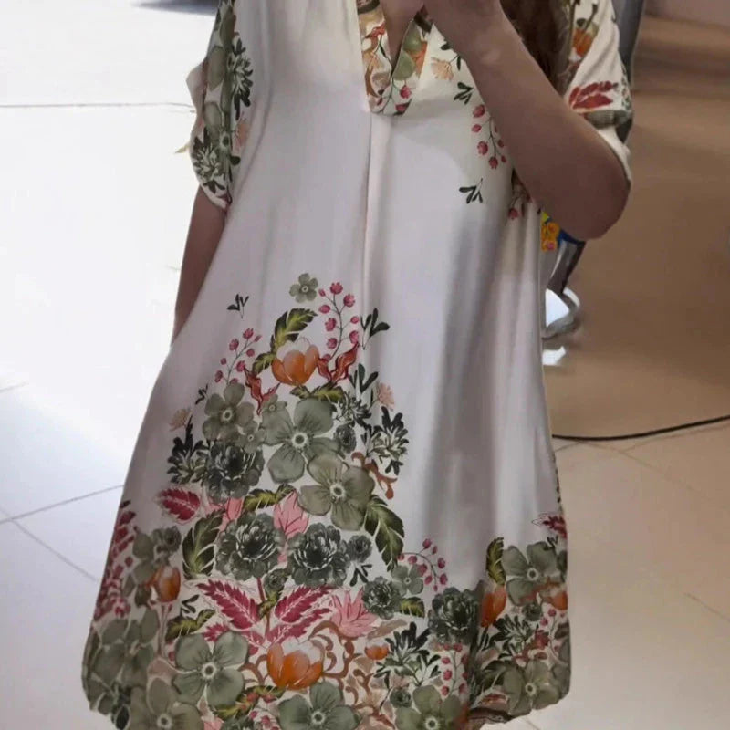 Vestido Primavera™ em Cetim Flora com Estampa Artística / Leveza Romântica e Brilho Atemporal para Mulheres de Bom Gosto!