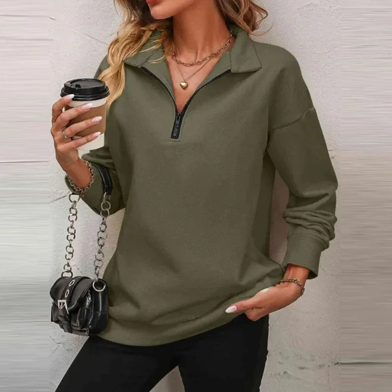 Blusa Olivia™ em Moletom Premium com Gola Alta e Zíper Frontal / A Peça-Coringa que Vai com Tudo!