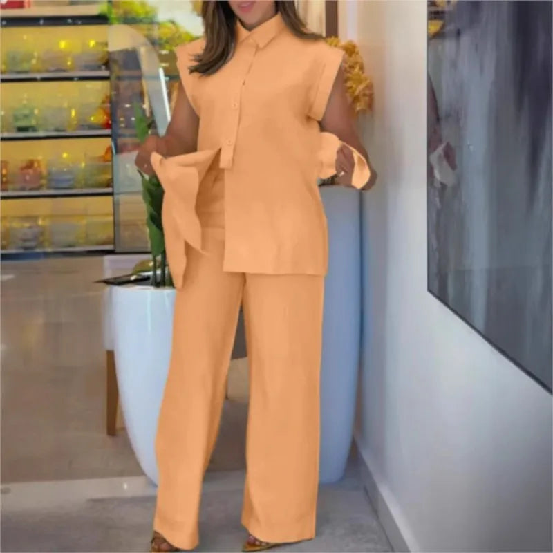 Conjunto Aurélia™ em Algodão Misto e Camisa Com Detalhe em Laço / Alfaiataria Contemporânea com Toque Feminino de Precisão!