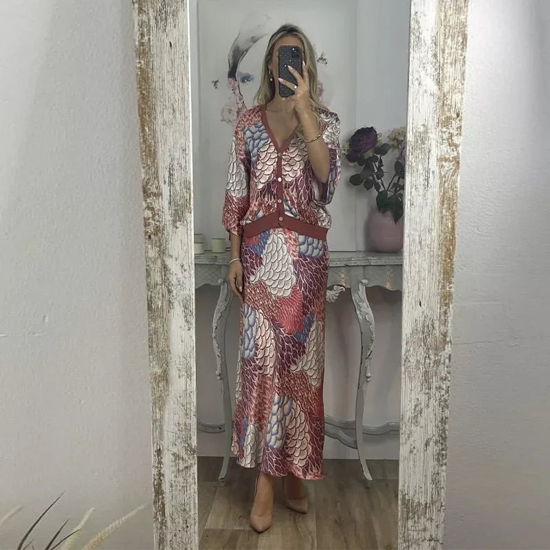 Conjunto Sakura™ em Cetim Premium com Blusa Kimono e Saia Longa Estampada / Feminilidade Sofisticada que Brilha em Qualquer Ocasião!