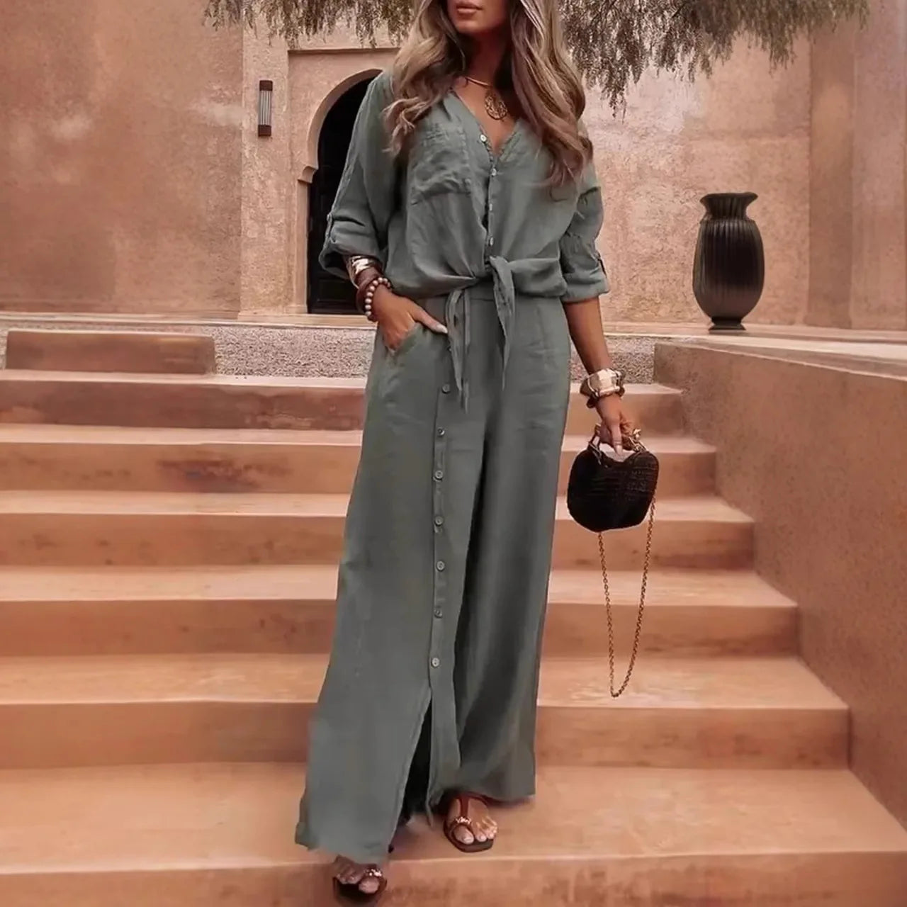 Conjunto Casablanca™ em Linho de Algodão com Botões Laterais / Sofisticação para Dias de Sol e Liberdade!