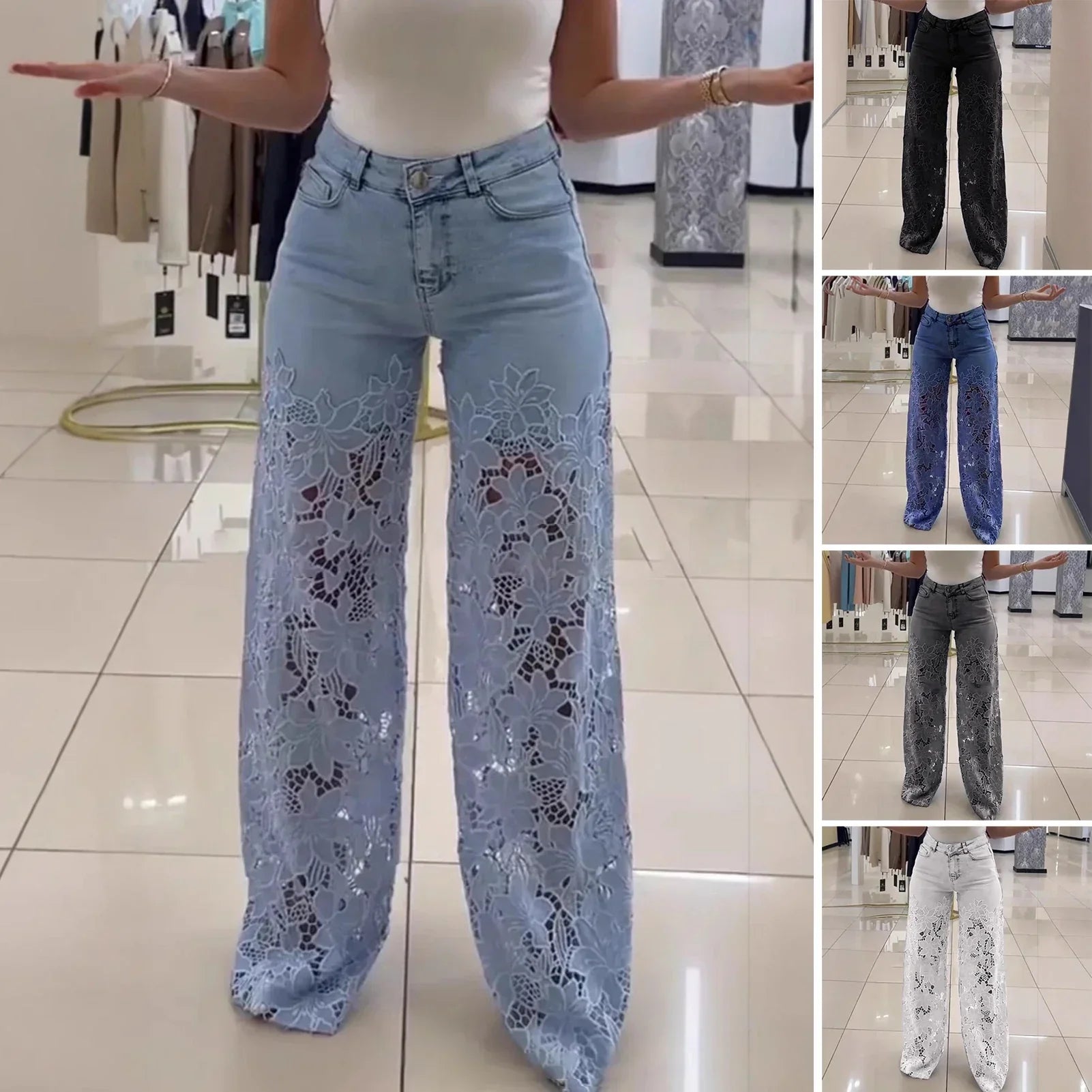 Calça Jeans Bethania™ em Denim Moderno com Renda Artesanal Floral / Estilo e Conforto Casual Chic para Looks Memoráveis!