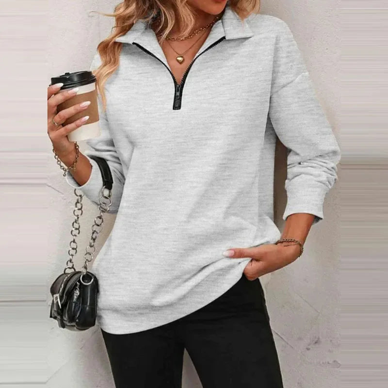 Blusa Olivia™ em Moletom Premium com Gola Alta e Zíper Frontal / A Peça-Coringa que Vai com Tudo!