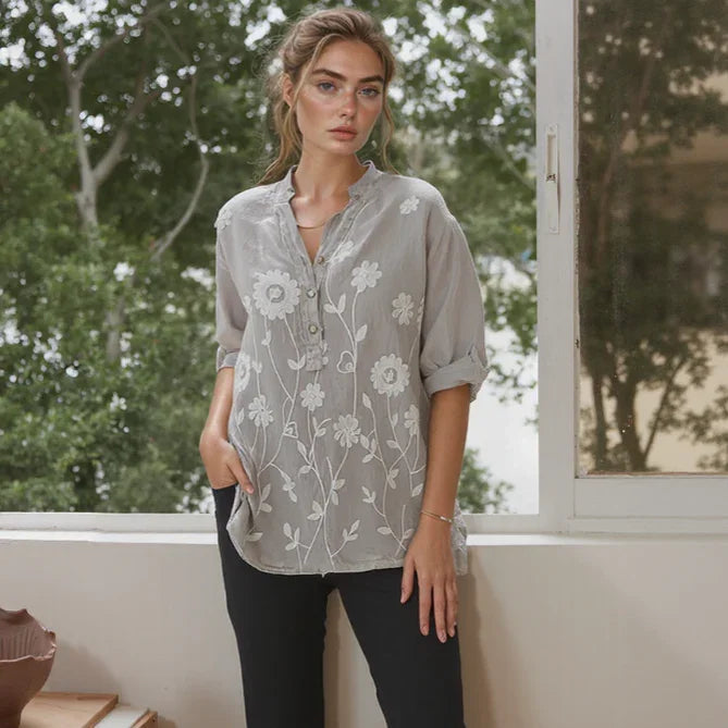 (Promoção: Compre 1, Leve 2) Camisa Raniero™ em Linho de Algodão com Bordados Florais / A Peça Sofisticada que Transforma o Casual em Elegante!