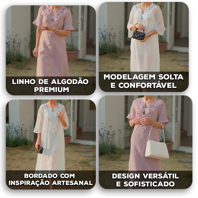 Vestido Vitta™ em Linho de Algodão com Bordado Artesanal / Simplicidade Refinada para Seus Momentos