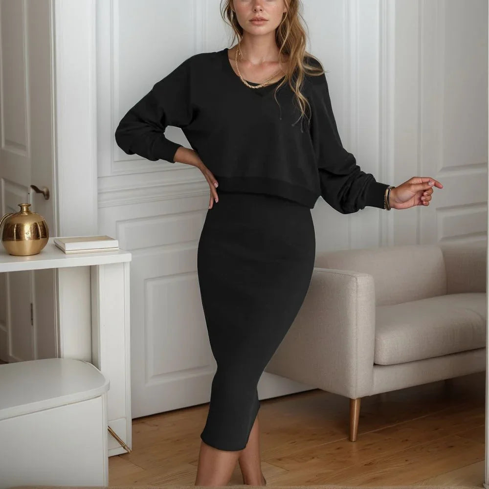 Conjunto Marbella™ em Malha Premium com Vestido Ajustado e Blusa Despojada / Minimalismo Chic com Toque de Feminilidade!