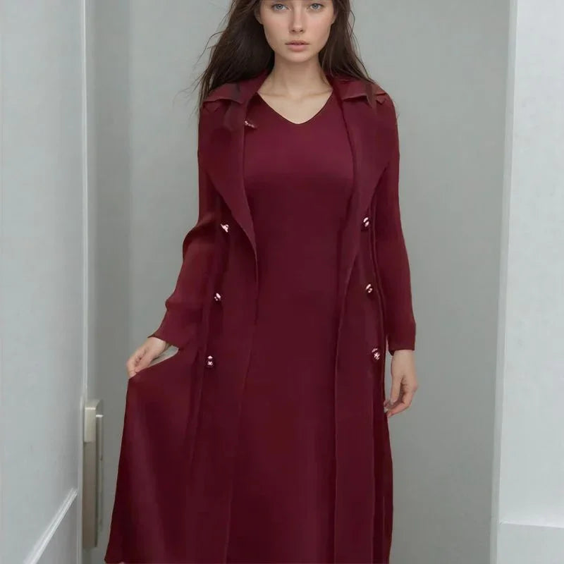 Vestido Dominique™ com Casaco Longo Chique Sobreposto / Para Mulheres Classudas que Valorizam Estilo, Praticidade e Presença!