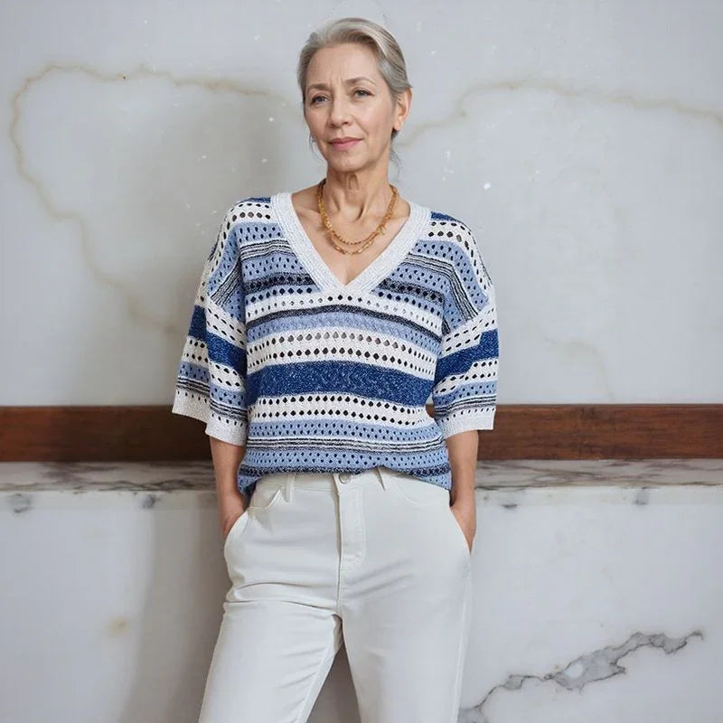 Blusa Stella™ em Tricô Vazado com Listras Elegantes / A Peça-Curinga das Quatro Estações