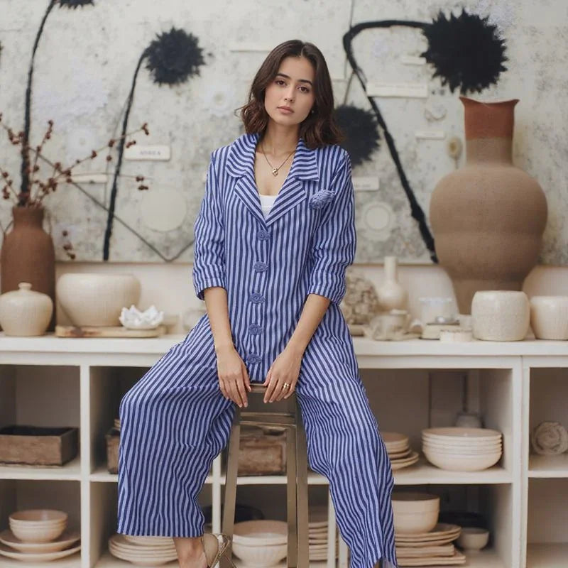 Conjunto PortoRico™ Design Listrado em Algodão Misto / Elegância Ampla e Versatilidade Atemporal para Todas as Ocasiões!