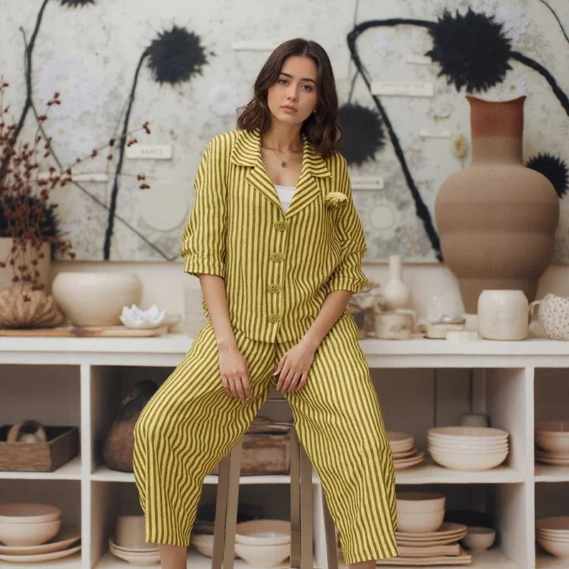 Conjunto PortoRico™ Design Listrado em Algodão Misto / Elegância Ampla e Versatilidade Atemporal para Todas as Ocasiões!