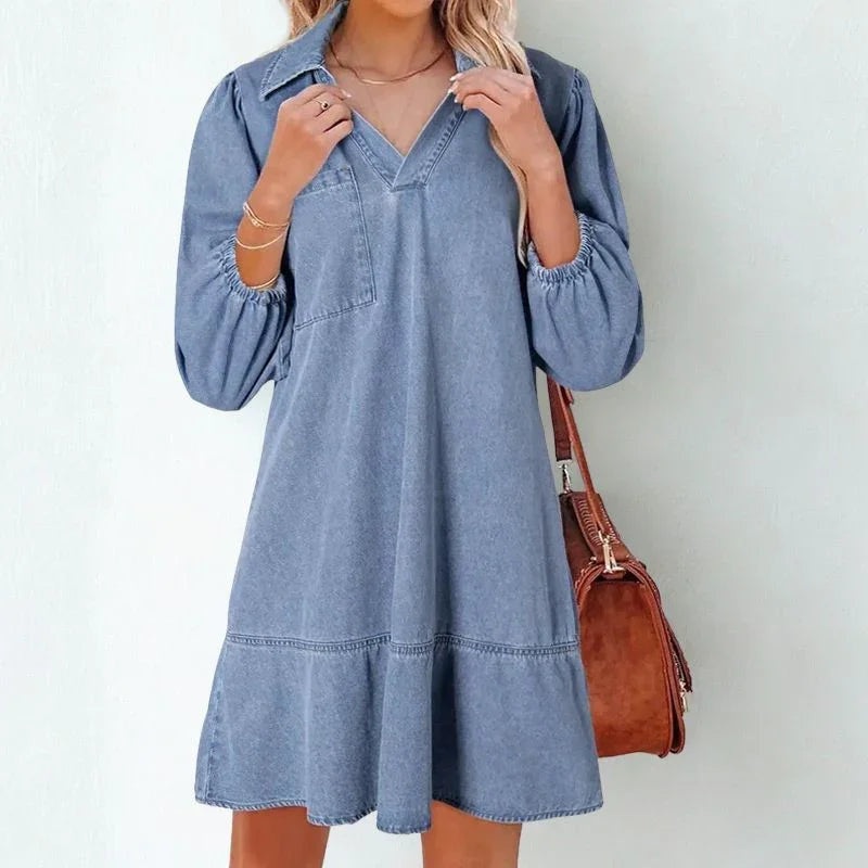 Vestido Jeans Madalena™ com Gola Lapela e Manga Bufante / O Clássico Renovado com Conforto e Feminilidade