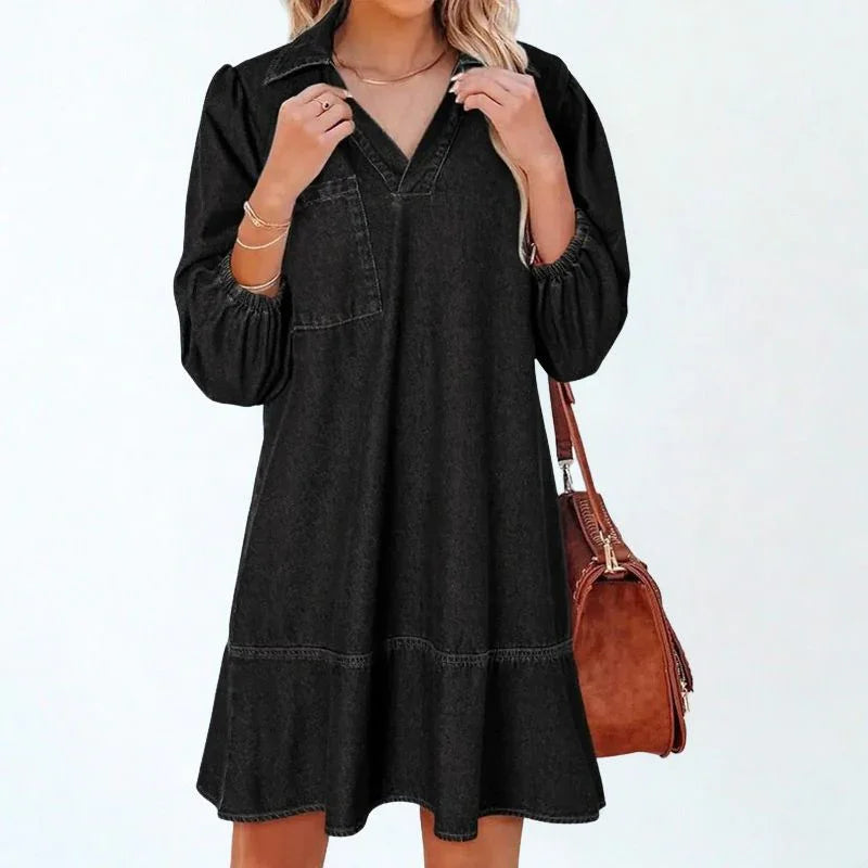 Vestido Jeans Madalena™ com Gola Lapela e Manga Bufante / O Clássico Renovado com Conforto e Feminilidade