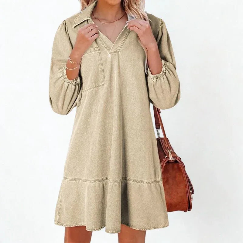 Vestido Jeans Madalena™ com Gola Lapela e Manga Bufante / O Clássico Renovado com Conforto e Feminilidade