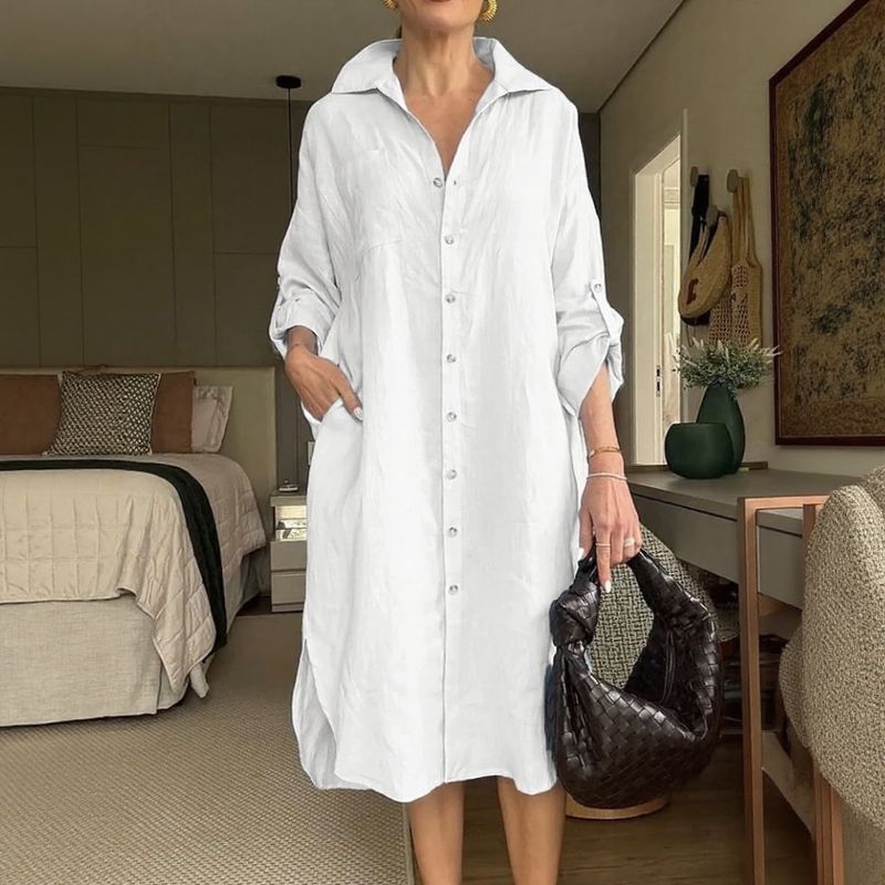 Vestido Chemise Mídi Lisboa™ em Linho de Algodão com Gola Alta Chique / A Peça-Curinga da Mulher Moderna!
