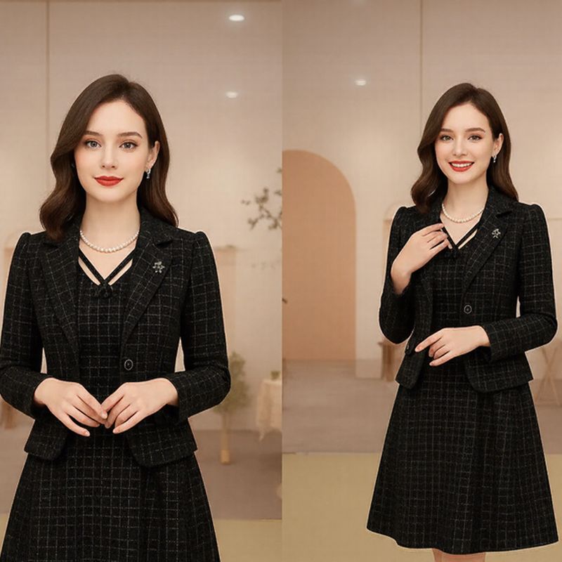 Conjunto La Vittoria™ com Blazer Estruturado e Vestido com Decote Ornamental / Presença, Estilo e Sofisticação Atemporal!