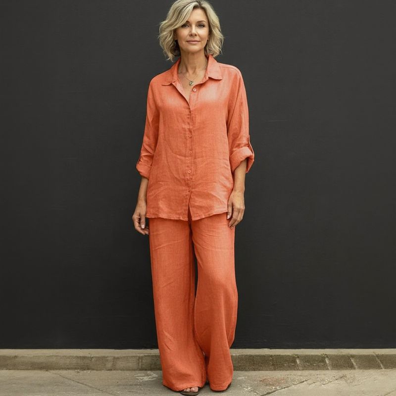 Conjunto Costa Serena™ em Linho de Algodão / Camisa Solta & Pantalona Ampla que Transmitem Leveza!