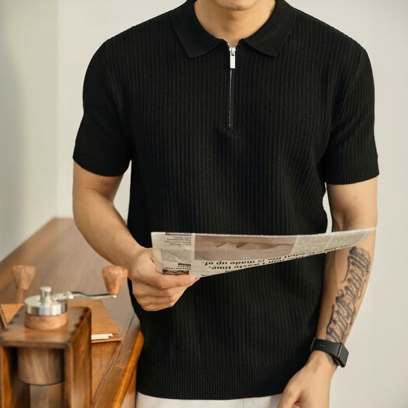 Polo Montclair™ com Zíper Minimalista e Efeito Texturizado / A Elegância Silenciosa do Estilo Old Money!