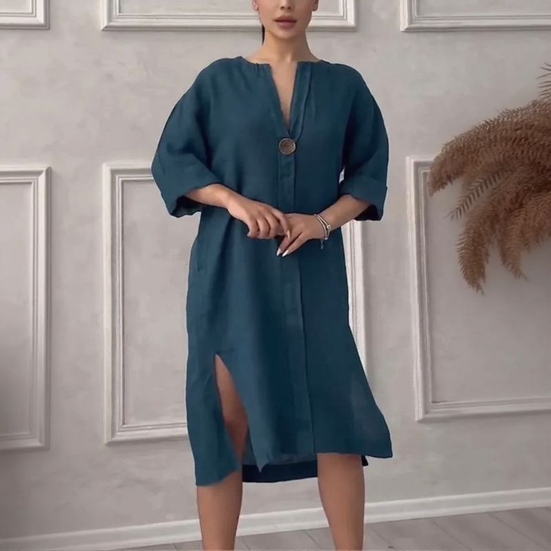 Vestido Copacabana™ em Linho de Algodão com Modelagem Solta / Elegância Tropical com Toque de Sofisticação Carioca!