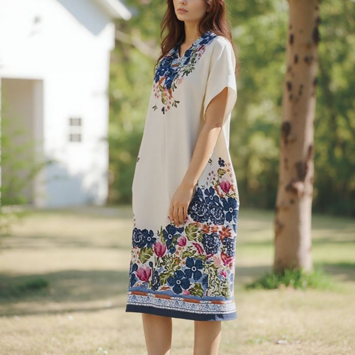 Vestido Primavera™ em Cetim Flora com Estampa Artística / Leveza Romântica e Brilho Atemporal para Mulheres de Bom Gosto!