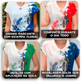 [COMPRE 1 E LEVE 2] Blusinha Lysandra™ com Gola Polo Suave e Viscose Acetinada Estampada / Um Toque de Sofisticação para Seus Dias Mais Inspirados!