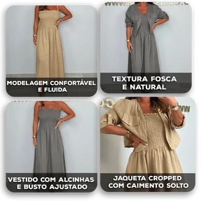 Conjunto Anelise™ com Jaqueta Cropped e Vestido Minimalista / O Básico bem Feito que Exala Bom Gosto!