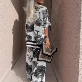 Conjunto Alhambra™ em Toque Acetinado com Camisa Overslim e Calça Palazzo / Arte, Conforto e Elegância em Dose Máxima!