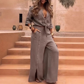 Conjunto Casablanca™ em Linho de Algodão com Botões Laterais / Sofisticação para Dias de Sol e Liberdade!