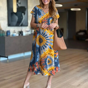 Vestido SunDance™ em Viscose Premium com Estampa Artística e Caimento Solto / Movimento, Cor e Feminilidade Sem Esforço!