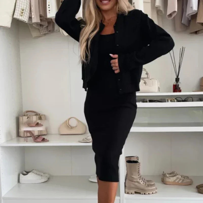 Conjunto Harper™ com vestido midi e casaco casual / Estilo leve e sensualidade natural para dias de Liberdade!