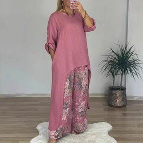 Conjunto Botanique™ com Blusa Assimétrica Longa e Calça Pantalona Floral / Estilo Artístico com um Corte Impecável!