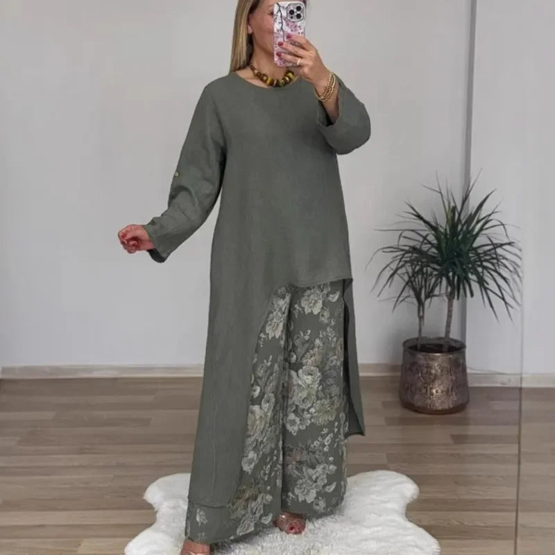 Conjunto Botanique™ com Blusa Assimétrica Longa e Calça Pantalona Floral / Estilo Artístico com um Corte Impecável!
