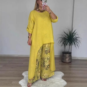 Conjunto Botanique™ com Blusa Assimétrica Longa e Calça Pantalona Floral / Estilo Artístico com um Corte Impecável!