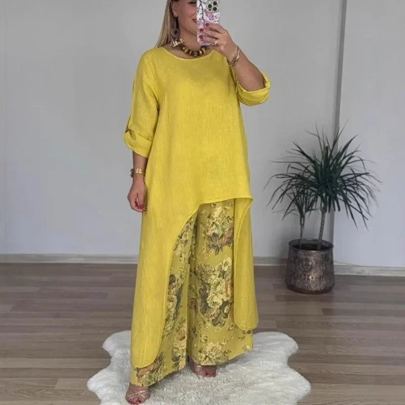 Conjunto Botanique™ com Blusa Assimétrica Longa e Calça Pantalona Floral / Estilo Artístico com um Corte Impecável!