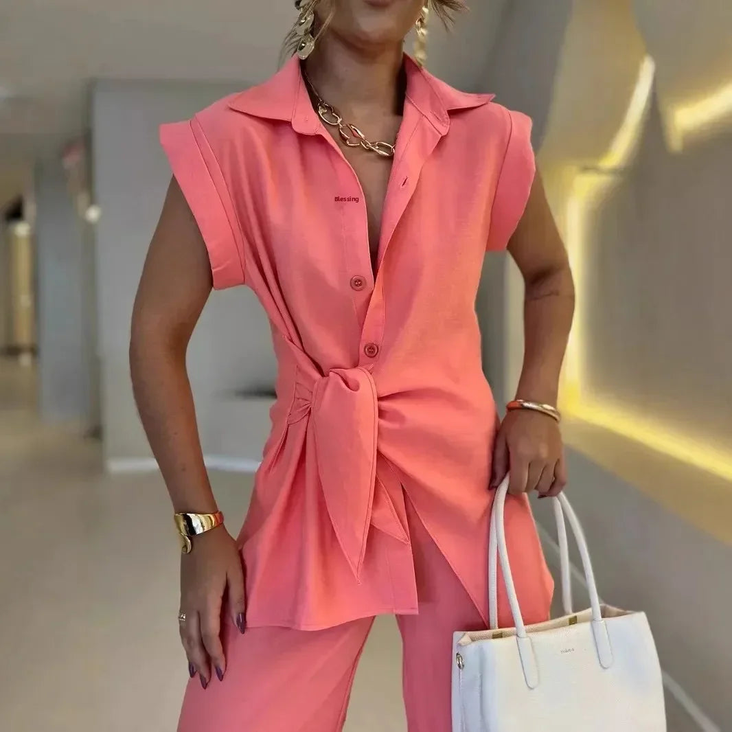 Conjunto Bella Fiore™ em Tecido Premium com Laço Frontal na Cintura / Onde o Frescor Encontra o Requinte!