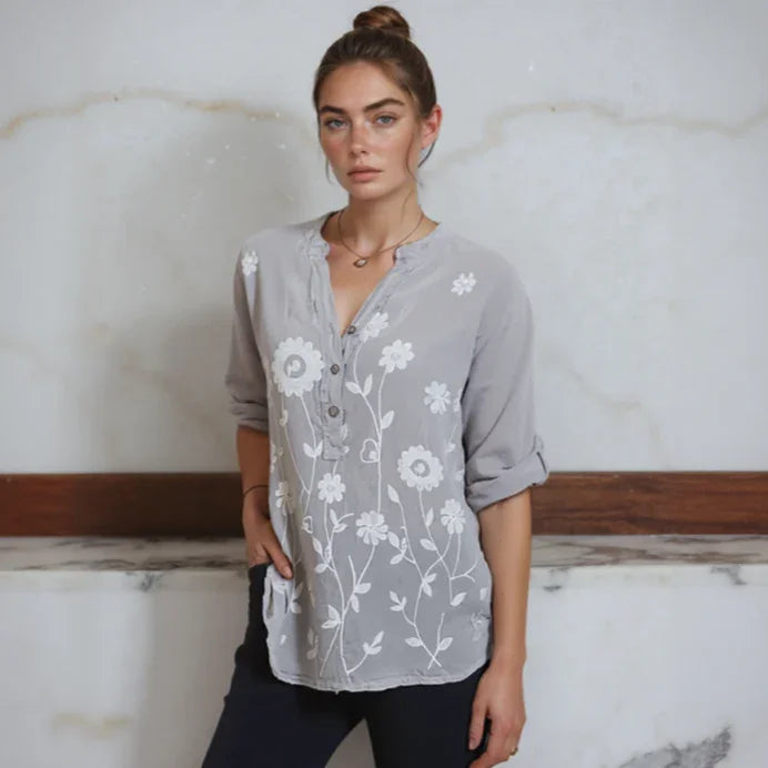 (Promoção: Compre 1, Leve 2) Camisa Raniero™ em Linho de Algodão com Bordados Florais  / A Peça Sofisticada que Transforma o Casual em Elegante!