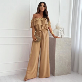 Macacão Marina Belle™ Ombro a Ombro com Babados e Pantalona Fluida / Impacto Visual com Conforto Absoluto!