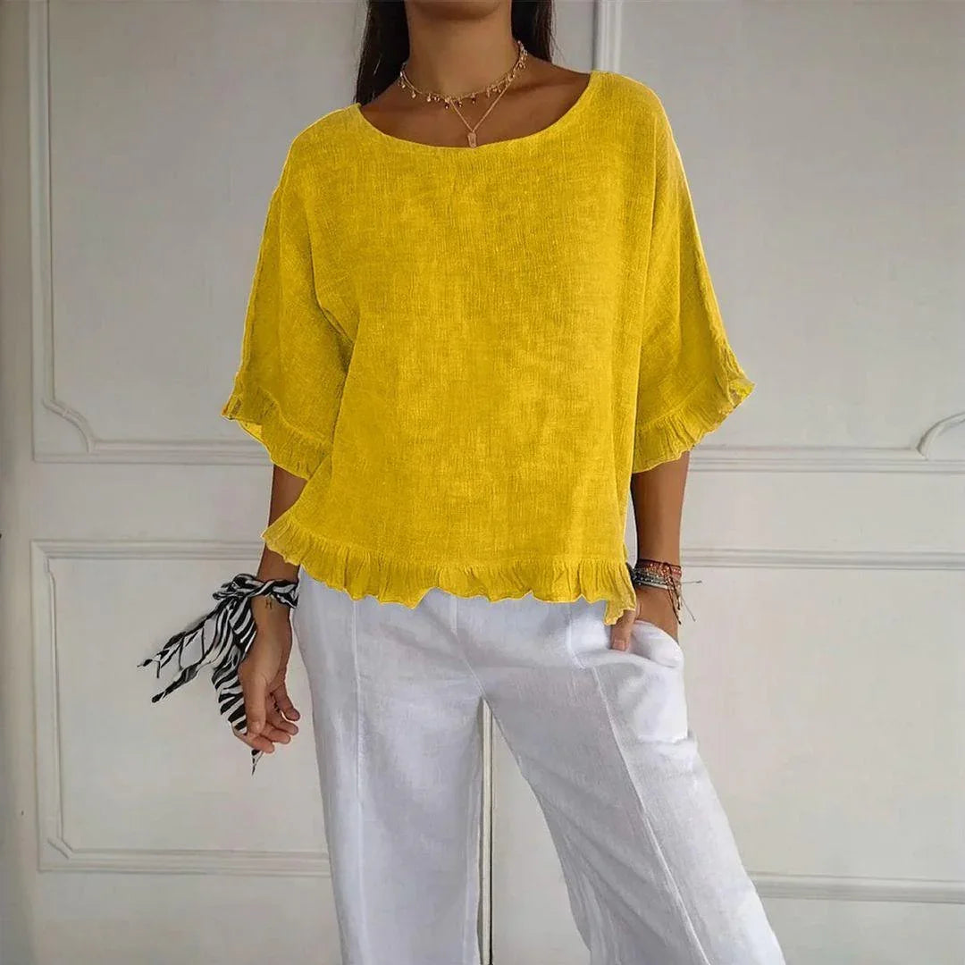 [Compre 1 e Leve 2] Blusa Éden Lumière™ com Babados Românticos e Caimento Delicado / Sofisticação Atemporal em Linho de Algodão