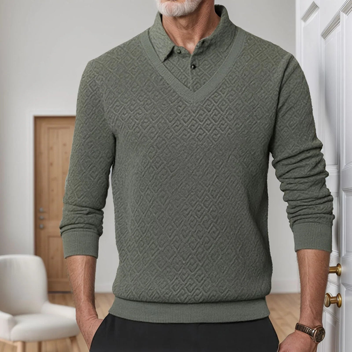 Camisa Winston™ com Suéter Embutido e Textura Trançada / Efeito Sobreposto com Estilo e Refinamento em Uma Só Peça!