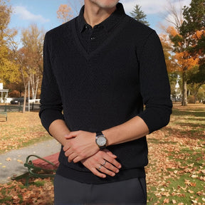 Camisa Winston™ com Suéter Embutido e Textura Trançada / Efeito Sobreposto com Estilo e Refinamento em Uma Só Peça!