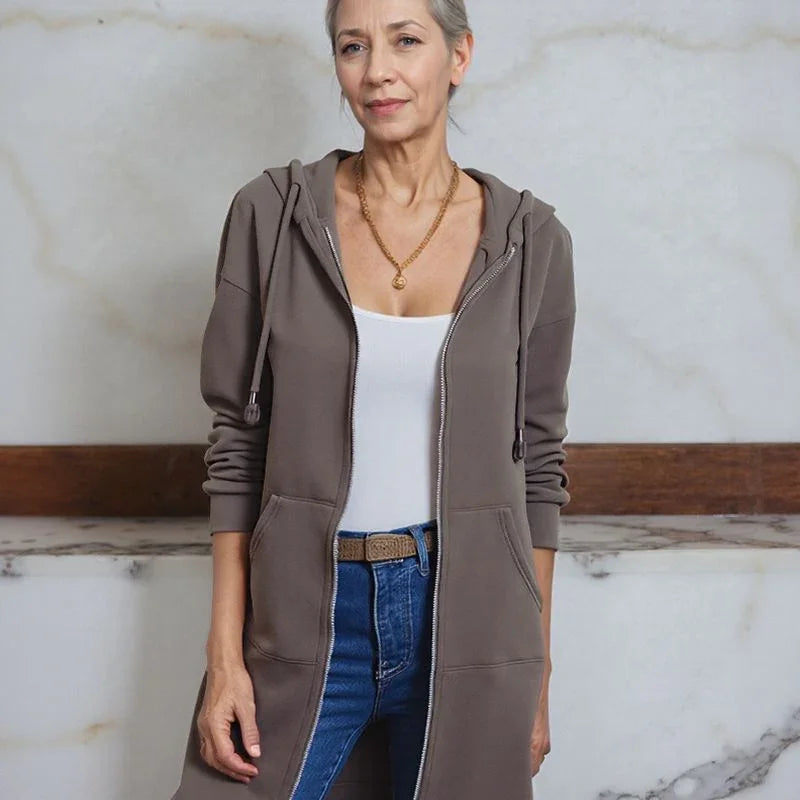 Casaco Longo Lunna™ em Moletom com Capuz Aconchegante/ Estilo Casual Chique para Todos os Momentos.