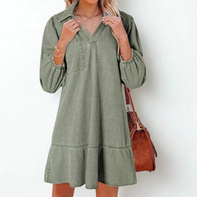 Vestido Jeans Madalena™ com Gola Lapela e Manga Bufante / O Clássico Renovado com Conforto e Feminilidade