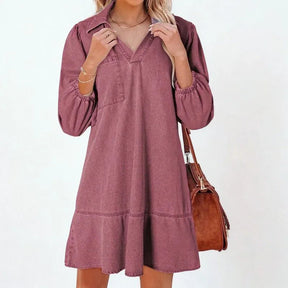 Vestido Jeans Madalena™ com Gola Lapela e Manga Bufante / O Clássico Renovado com Conforto e Feminilidade