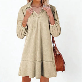 Vestido Jeans Madalena™ com Gola Lapela e Manga Bufante / O Clássico Renovado com Conforto e Feminilidade