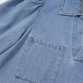 Vestido Jeans Madalena™ com Gola Lapela e Manga Bufante / O Clássico Renovado com Conforto e Feminilidade