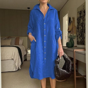 Vestido Chemise Mídi Lisboa™ em Linho de Algodão com Gola Alta Chique / A Peça-Curinga da Mulher Moderna!