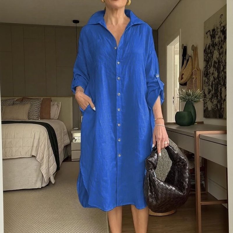 Vestido Chemise Mídi Lisboa™ em Linho de Algodão com Gola Alta Chique / A Peça-Curinga da Mulher Moderna!