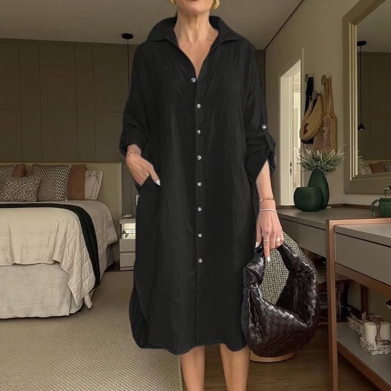 Vestido Chemise Mídi Lisboa™ em Linho de Algodão com Gola Alta Chique / A Peça-Curinga da Mulher Moderna!