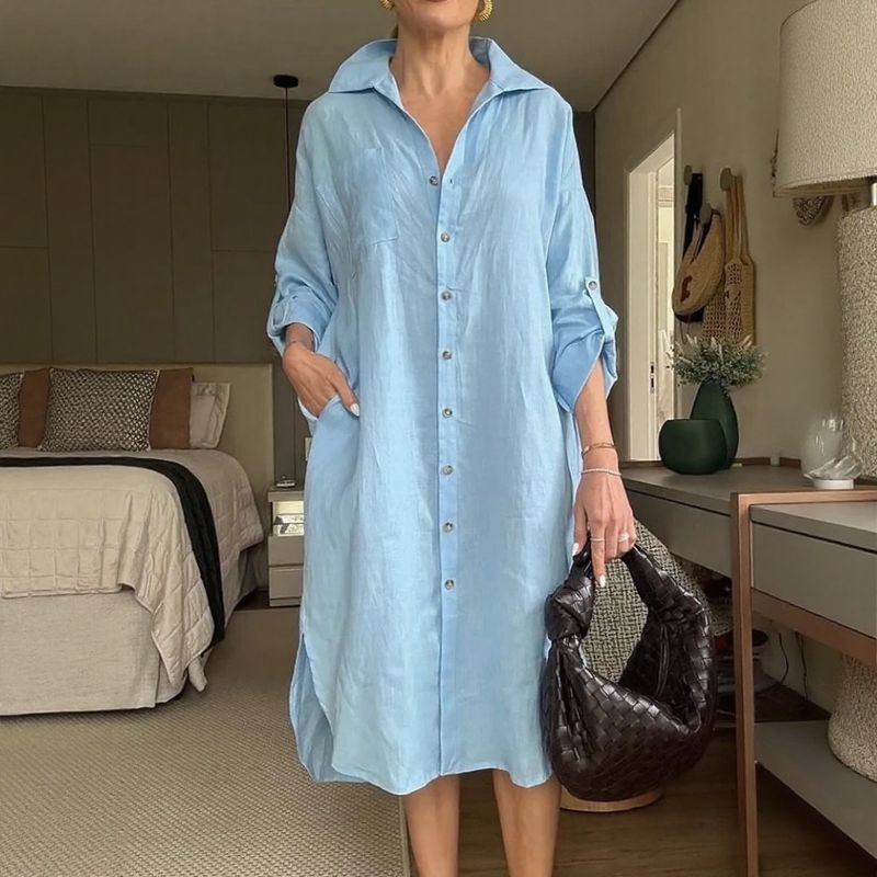 Vestido Chemise Mídi Lisboa™ em Linho de Algodão com Gola Alta Chique / A Peça-Curinga da Mulher Moderna!