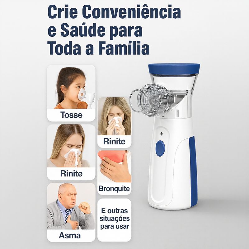 Nebulizador Portátil com Máscaras Adulto & Infantil / Oferta Especial: Leve 1 e Ganhe Oxímetro!