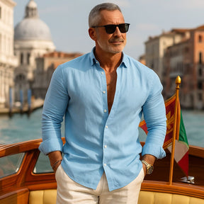[BLACK FRIDAY COMPRE 1, LEVE 3] Camisa Veneza™ em Linho de Algodāo e Gola Italiana / Estilo Europeu e Presença para o Verão 2025/2026!